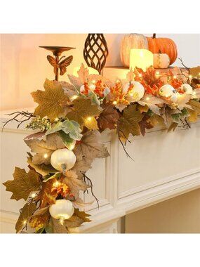 Lighted Fall Garland with Maple Leaves White Pumpkins Berry 6FT